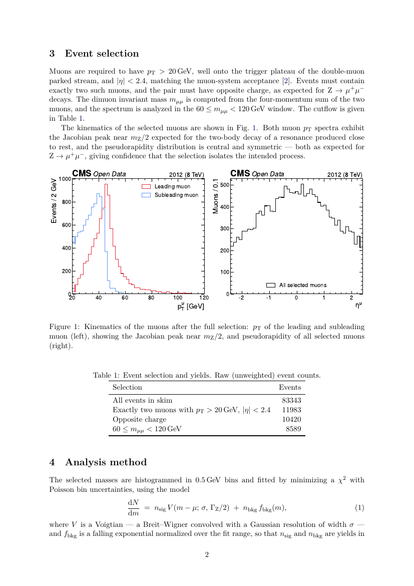 Note page 2: event selection, cutflow table, muon kinematics figure