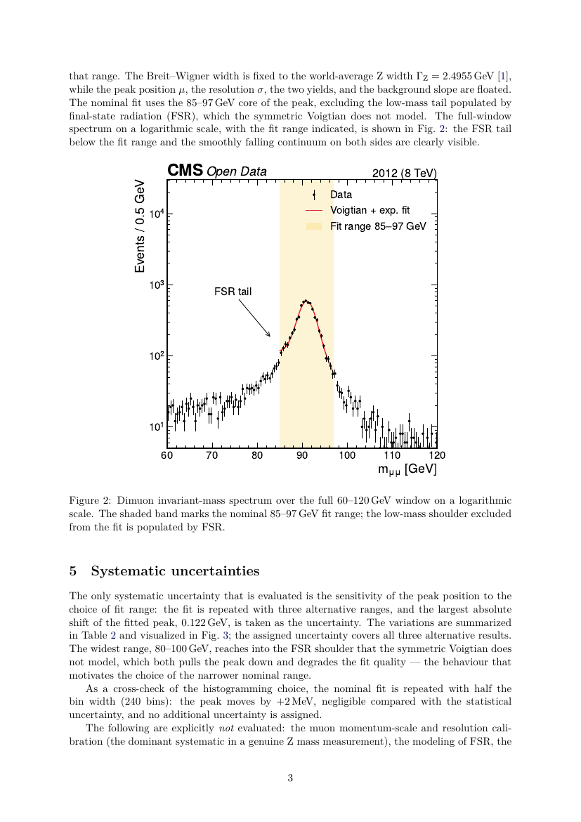 Note page 3: analysis method, log-scale spectrum, systematic uncertainties